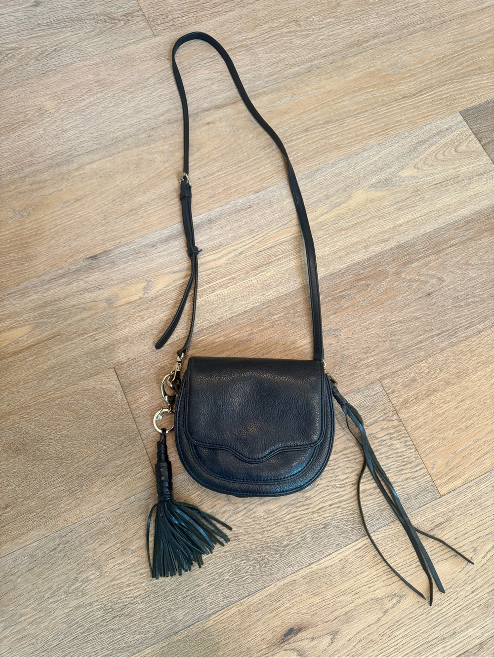 Black Leather Crossbody Bag with Tassel